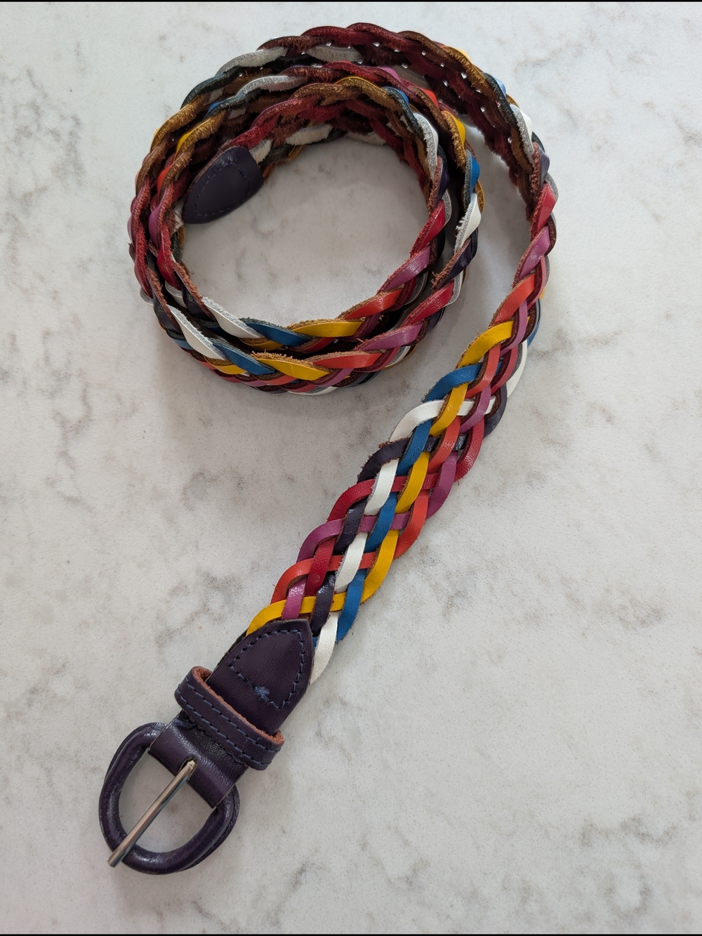 Multicolor Braided Genuine Leather Belt With Purple Leather Buckle
